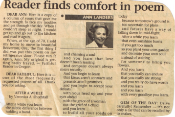 newspaper clipping of Ann Landers column featuring the poem "After a While"