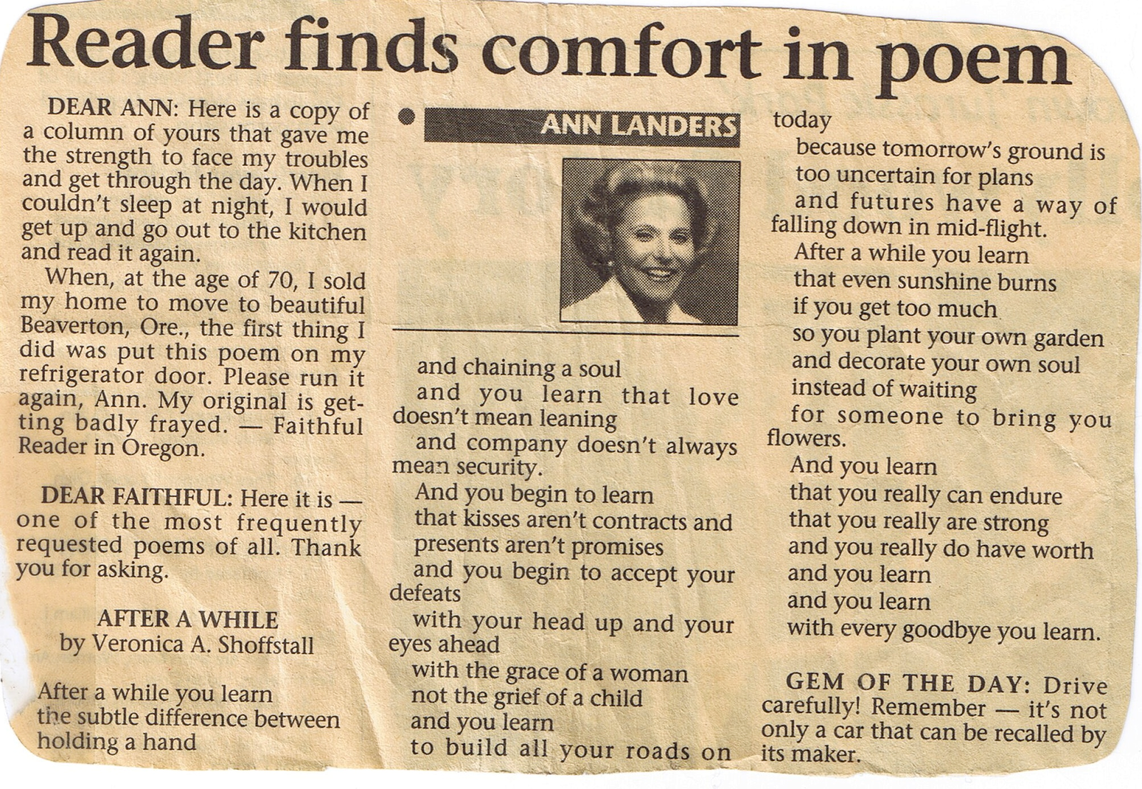 newspaper clipping of Ann Landers column featuring the poem "After a While"