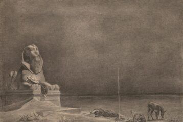 a drawing of a woman sitting on top of a statue