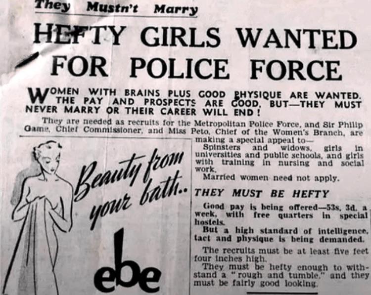 Newspaper clipping recruiting hefty girls for the police force, 1930s London