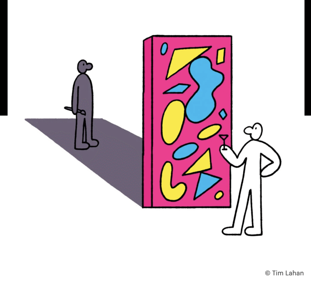 A drawing by Tim Lahan showing an artwork casting a shadow on a person holding a paintbrush, while another onlooker holds a martini.