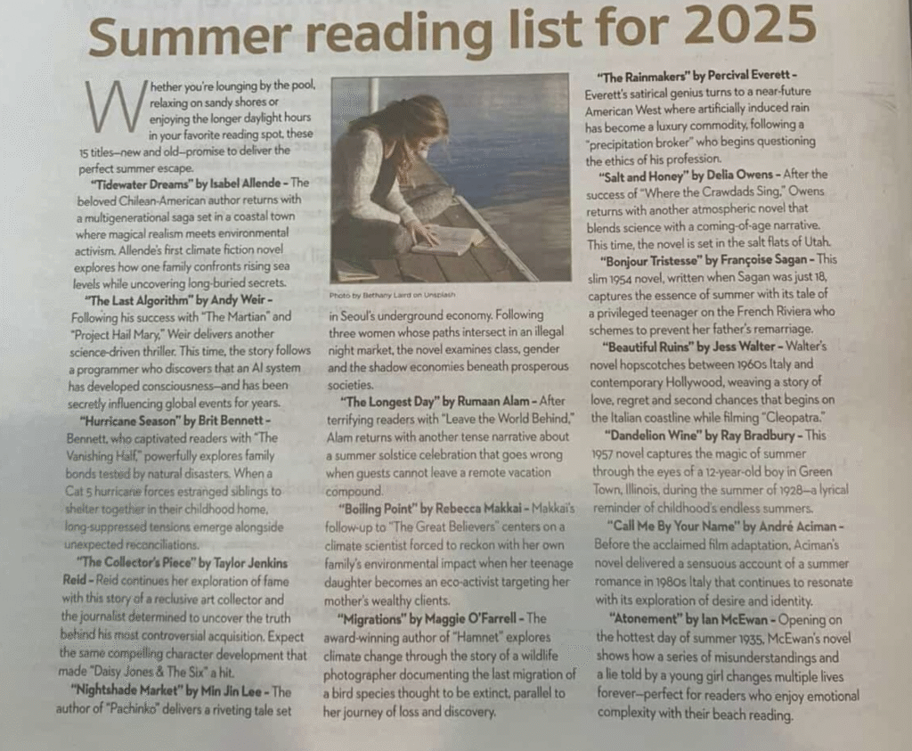 A photograph of a reading list in a newspaper.