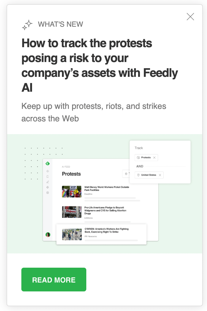 screenshot of Feedly website offering to monitor protests and strikes