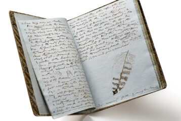 photograph of Henry David Thoreau's journal open to a page on which he had drawn a feather